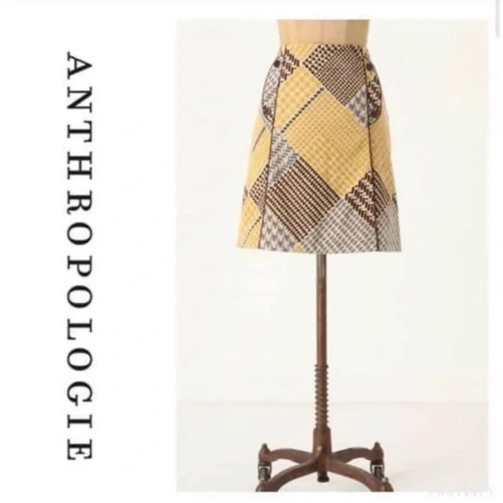 Anthropologie Maeve Yellow Brown Houndstooth Velvet Skirt Vintage A-Line Size 4